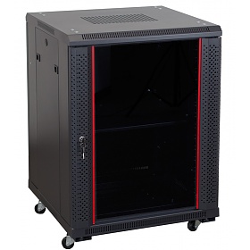 Floor-standing 19" rack cabinet, 15U, glass door, 600mm d., black