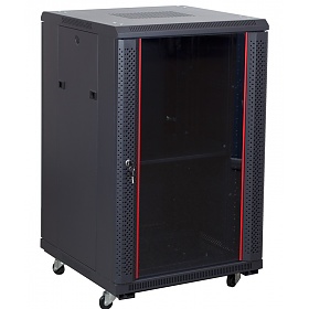 Floor-standing 19" rack cabinet, 18U, glass door, 600mm d., black