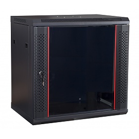 Wall-mounted 19" rack cabinet, 12U, glass door, 600mm d., black