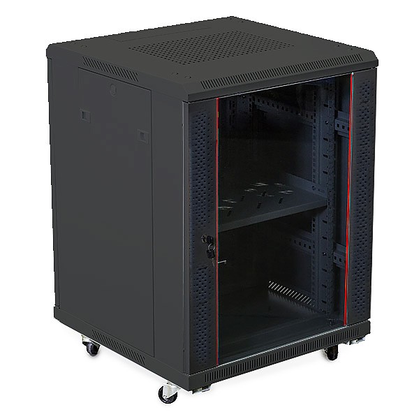 Floor-standing 19" cabinet, 15U, glass door, 760 x 600 x 600 mm, black 