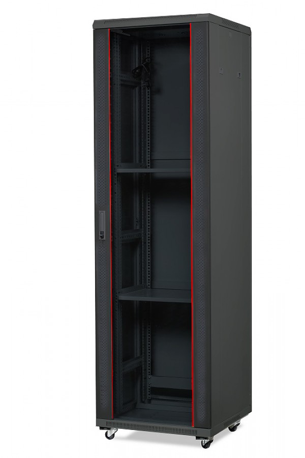 Floor-standing 19" cabinet, 42U, glass door, 2000 x 600 x 600 mm, black 