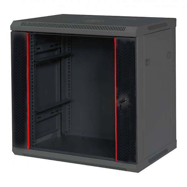 Wall-mounted 19" cabinet, 12U, glass door, 590 x 600 x 440 mm, black 