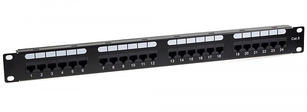 Patch panel, 24-port, UTP, cat. 6, 1U, 19", Dual block, w/cable holder 