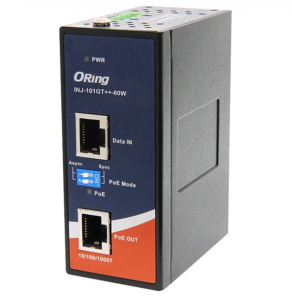 ORing INJ-101GT++-60W-24V, Industrial Gigabit High Power Injector, 1x10/1000 RJ-45 PoE + 1x10/1000 RJ-45