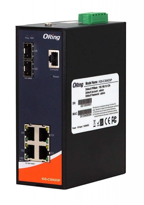 Managed switch, 4x 10/1000 RJ-45 + 2x100/1G/2.5G SFP, O/Open-Ring <30ms (ORing IGS-C3042GP) 