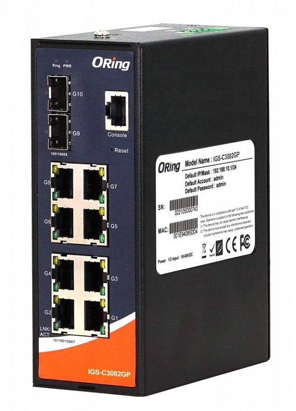 Managed switch, 8x 10/1000 RJ-45 + 2x100/1G/2.5G SFP, O/Open-Ring <30ms (ORing IGS-C3082GP) 